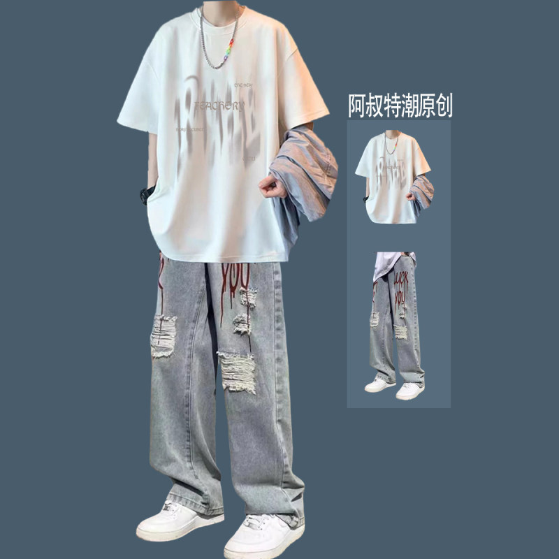 Teenage American-Style Short-Sleeved T-Shirt Boys' Outfit Set, Ins High Street Jeans, Daily Wear, Thin Two-Piece Set Teenage American-Style Short-Sleeved T-Shirt Boys' Outfit Set, Ins High Street Jeans, Daily Wear, Thin Two-Piece Set