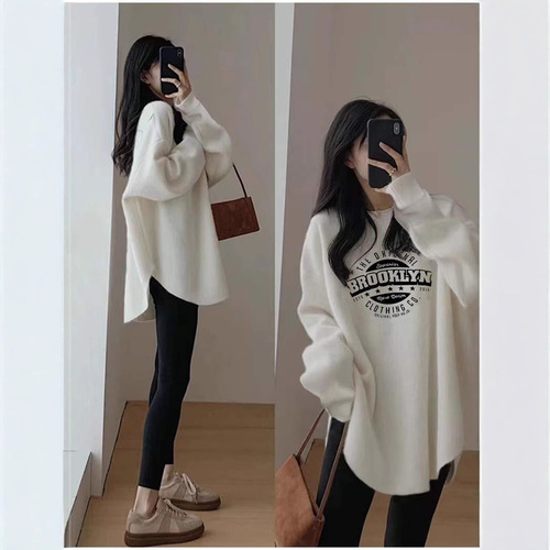 Women's White Long-Sleeve T-Shirt for Spring and Autumn/Winter, Fleece Lined, Thick, Loose Fit, Mid-Length, Bottom Covering, Layering Top, Base Shirt