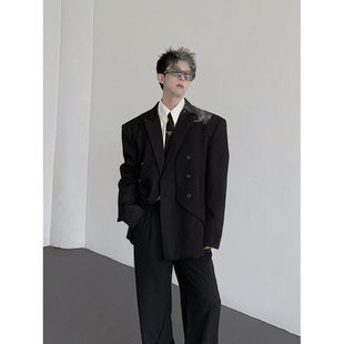 2025 New Men's Suit Design Deconstructed Patchwork Blazer Light Luxury Double-Breasted Jacket Young Handsome