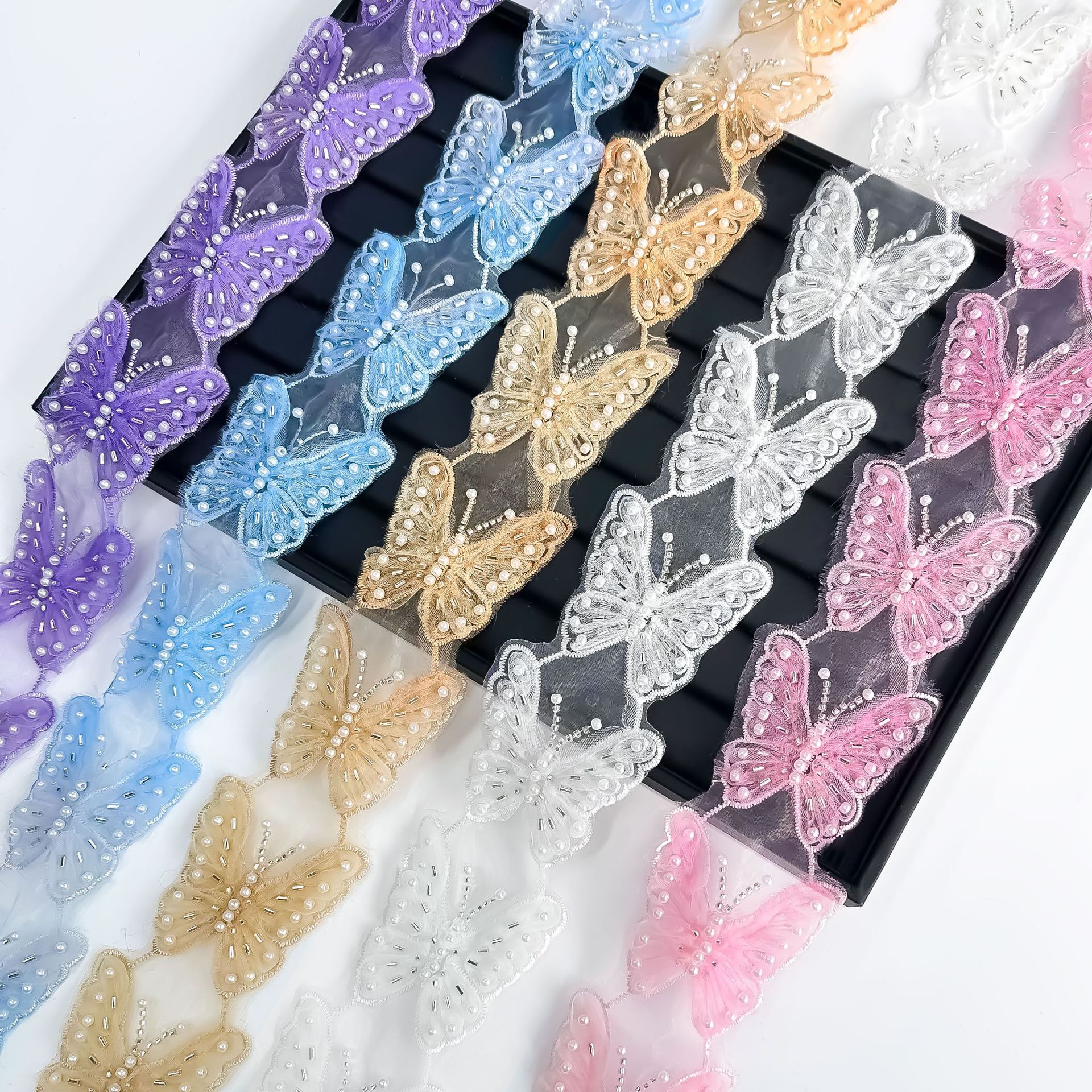 Oganza con perlas de mariposa encaje código de barras decoración hecha a mano encaje flor accesorios vestido de boda ropa de baile joyas