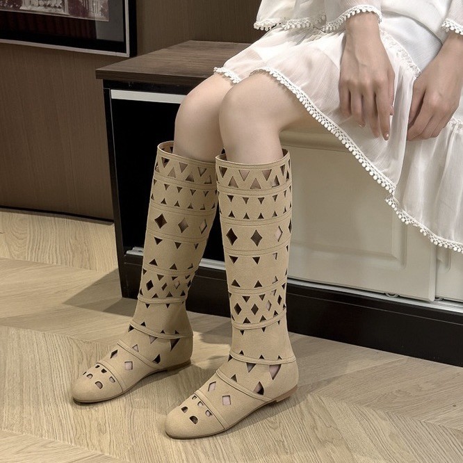 재고 있음, 즉시 배송~보헤미안 스타일 틈새 디자인 여성용 키높이 나이트부츠, 속이 빈 조각 슬리밍 부츠