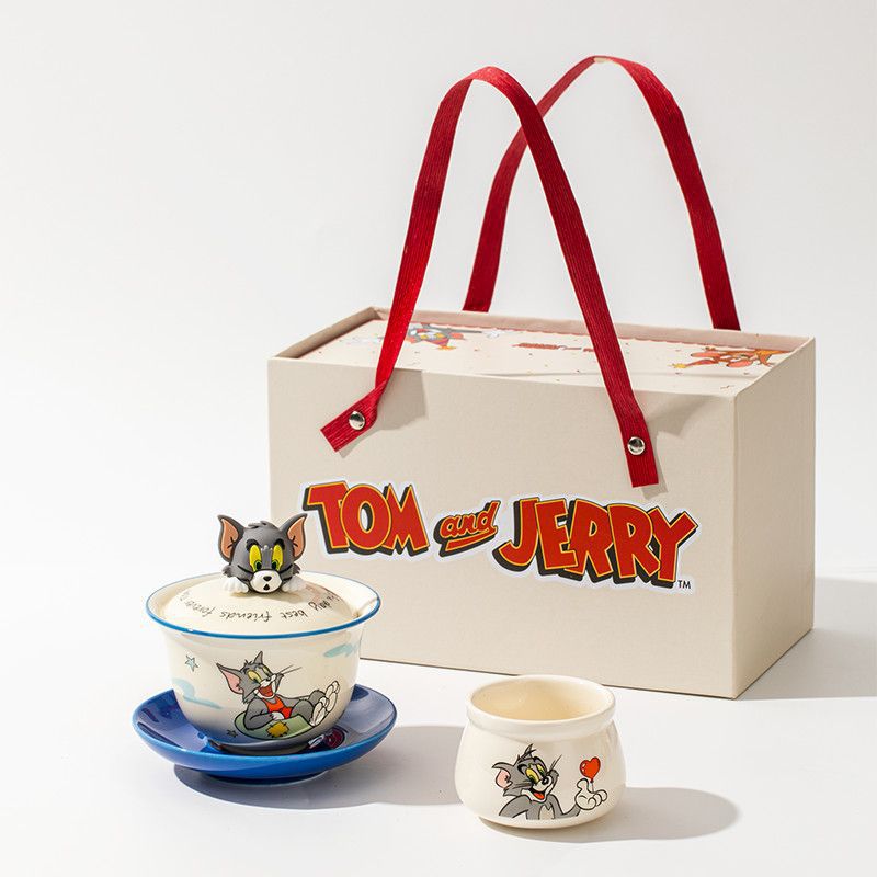 Juego de té de cerámica de marca compartida de gato y ratón, nueva caja de regalo de alto valor, té de Kung Fu para el hogar, taza de té gaiwan, regalo a mano
