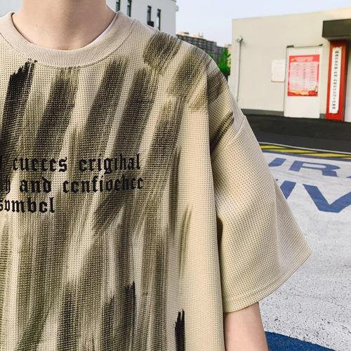 Hand-painted graffiti-style small-town trend T-shirt for men, summer high-street heavy-duty oversized hip-hop sport top