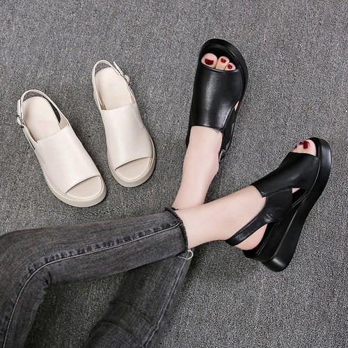 松糕厚底坡跟凉鞋女夏外穿2024后空一字搭扣凉拖鞋大码高跟凉鞋女