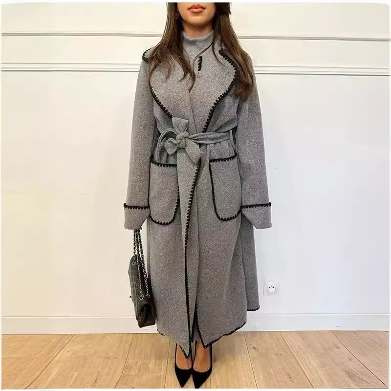 Women's Clothing autumn and winter popular warm long sleeved lapel ladies woolen lace up coat_voghion.com