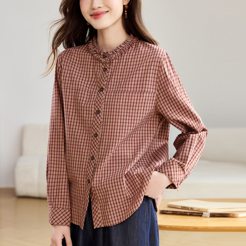 2026 Spring and Autumn New Style Lace Round Neck Plaid Long Sleeve Shirt for Women, Fashionable Retro Versatile Pure Cotton Blouse