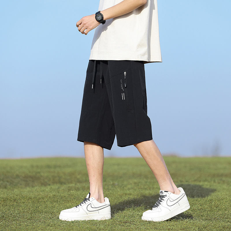 Men's Summer Thin Breathable Ice Silk Shorts Loose Straight Leg Quick-Dry Casual Seven-Eighth Pants for Beach and Sports