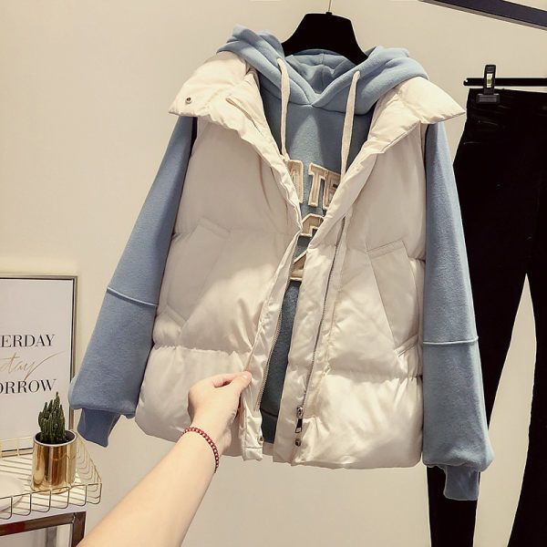 Women's down Cotton Vest Set 2024 New Spring, Autumn and Winter Vest Jacket Korean Style Loose Fleece-Lined Hooded Sweatshirt Trendy