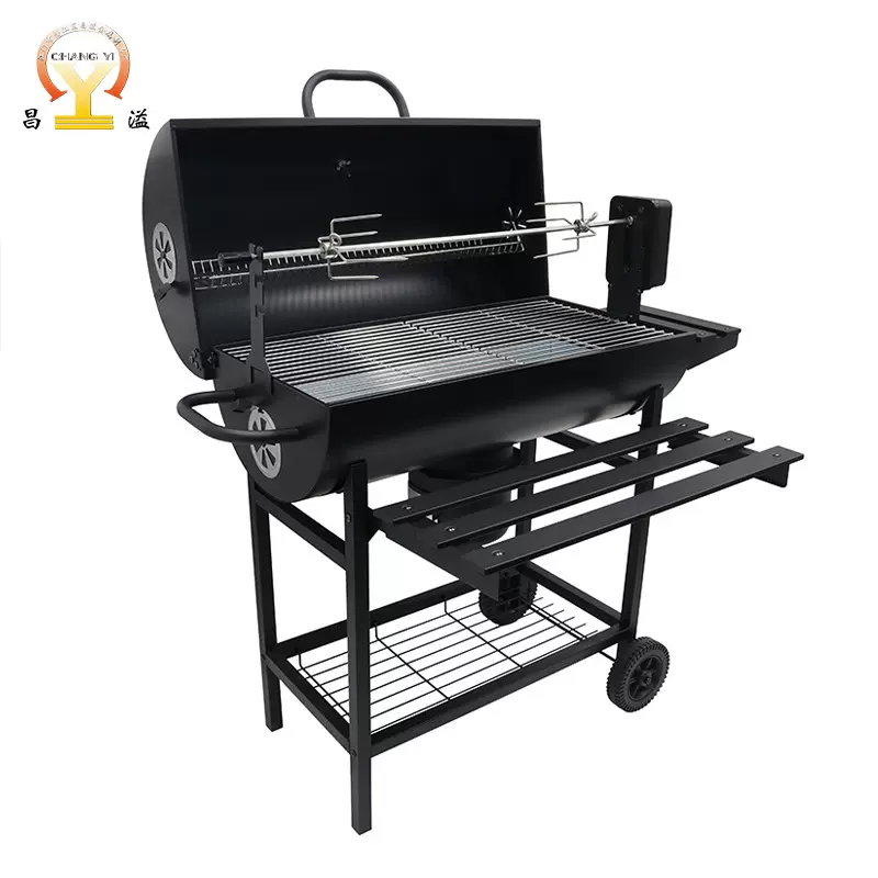 户外大型焖烤烧烤炉 美式BBQ电动烤叉木炭烤肉油桶型烧烤架带电机