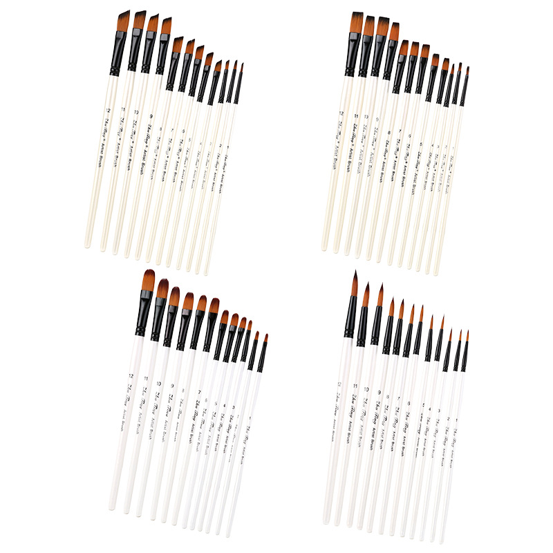 12 piezas de varilla blanca lengua delantera oblicua delantera de dos colores de nylon cepillo de Aceite de Pelo acuarela pintura conjunto de la pluma pintura del arte