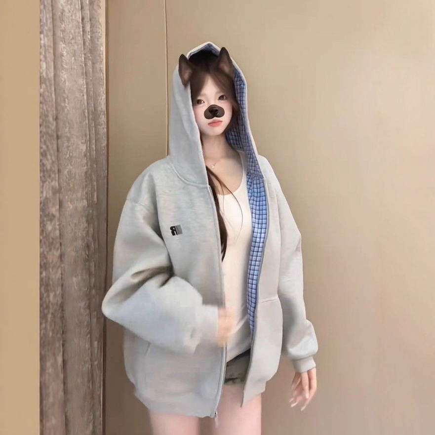 College Style Splicing Plaid Hooded Sweatshirt for Women Korean Style Autumn and Winter Loose Zipper Sweatshirt Student Versatile Cardigan Jacket