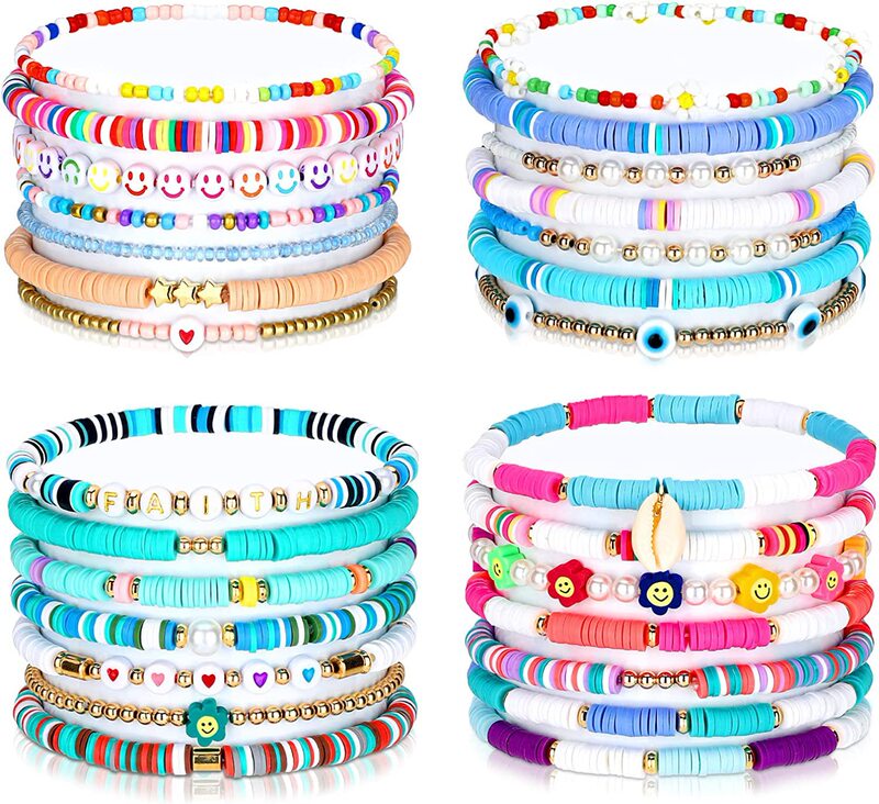 Amazon Hot Sale Imitation Pearl Color Clay Fruit Smiley Beaded Bracelet Soft Pottery Stretch Bracelet Set