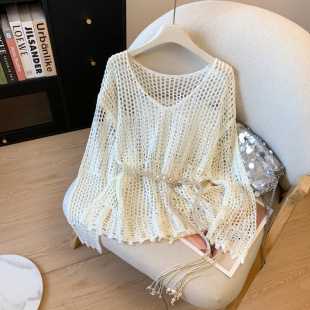 Real Shot of the Original Thirteen Lines Lazy Style Fashionable Loose Tassel Top with Belt French Mid-Length Blouse
