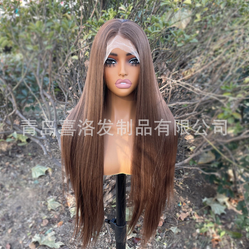AliExpress 13x 4 Front Lace Mocha Brown Long Straight High Temperature Silk Natural Hallline Wig #8 Caramel Warm Brown