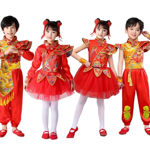 Sixth Children's Day Drumming Costume Performance Suit China Red National Rap Festive Costume Open Red Kindergarten Dance Performance Suit