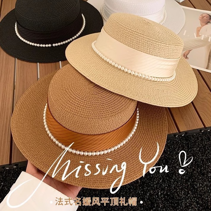 Flat top hat women's 2025 summer new French socialite style straw hat seaside sunscreen hat wholesale