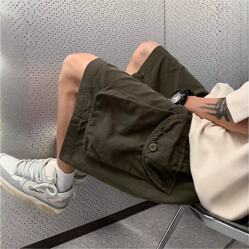 Pure Cotton Multi-Pocket Tooling Shorts Boys Casual Retro Fashionable Straight Mid-Leg Pants Functional Wide-Leg Harlan Pants