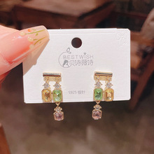 新品银针设计师不对称彩色水晶方糖流苏耳坠 轻奢高级感耳环耳饰