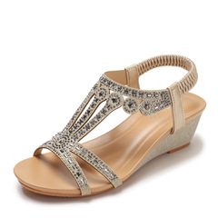 跨境亞馬遜坡跟水鑽涼鞋女夏季2025新款時尚舒適鬆緊帶氣質羅馬鞋