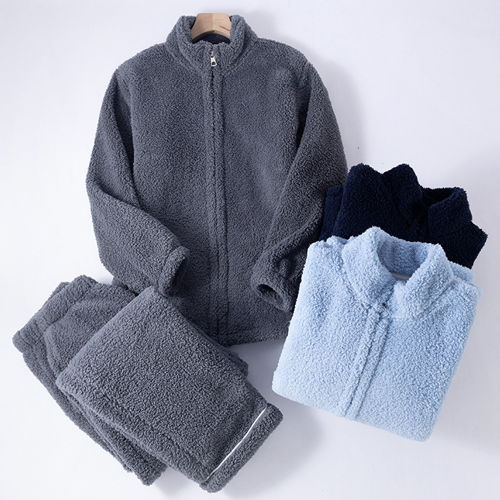 Men's winter thickened fleece pajama set with zipper, featuring straight-leg pants and extra-thick fleece for warmth