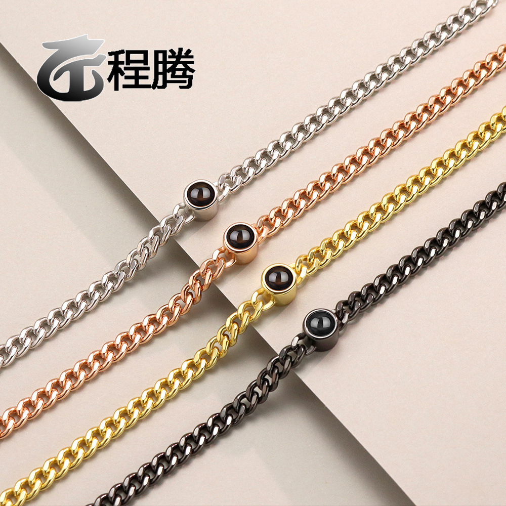 S925 Silver 100 Languages Projection Trendy Cuban Bracelet Unisex Versatile Simple Cross-Border Hot Item Wholesale Same Style