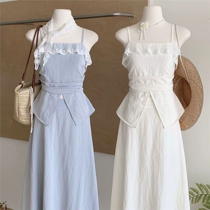 Корейский стиль, свежий дизайн, кружевной топ на бретельках, женская простая универсальная утягивающая юбка, модный костюм