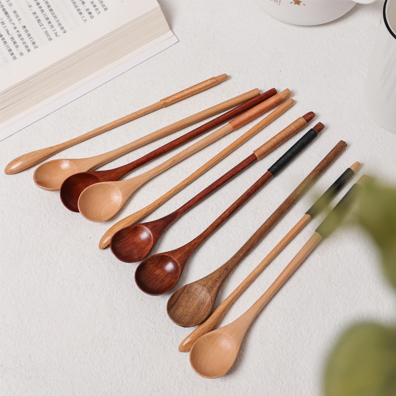창의적인 나무 긴 손잡이 숟가락, 가정용 얇은 손잡이 실로 감싼 작은 숟가락, 커피, 밀크티, 꿀 섞는 숟가락 도매