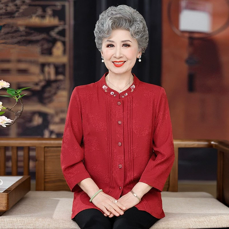 Старая Женская весенняя одежда, рубашка для бабушки, одежда для свекрови пожилой женщины, однотонный летний кардиган с длинными рукавами для матери, 60 лет