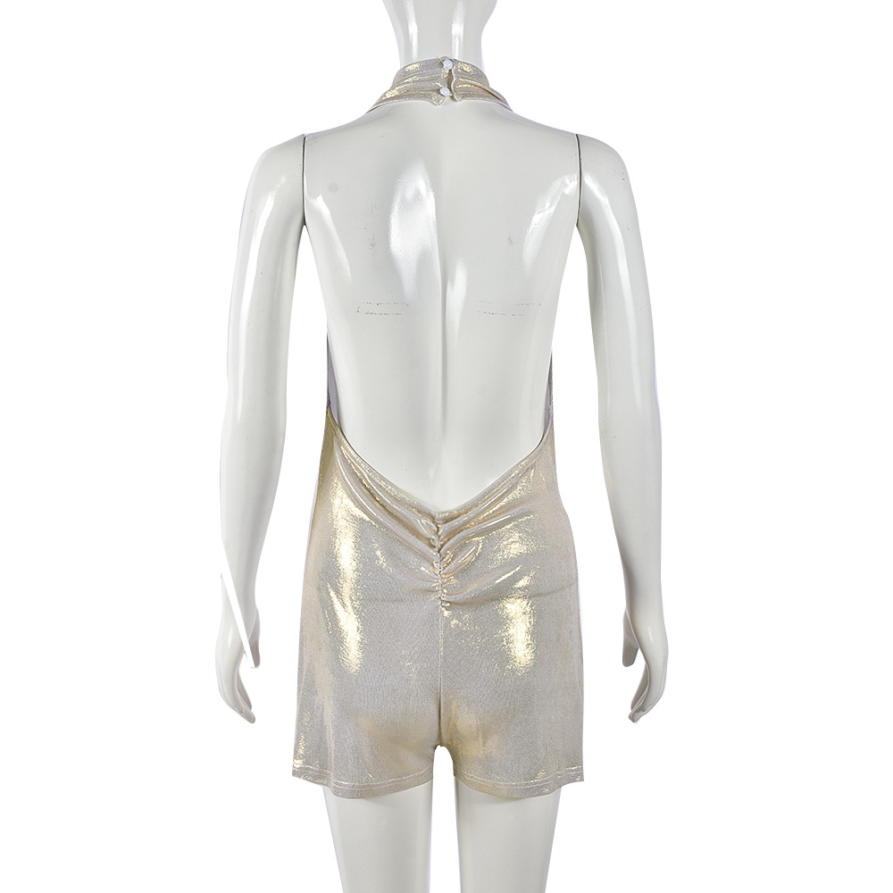 Girls Spring Summer Halter Backless Sexy Cutout Tight Metal Feeling Jumpsuit Women