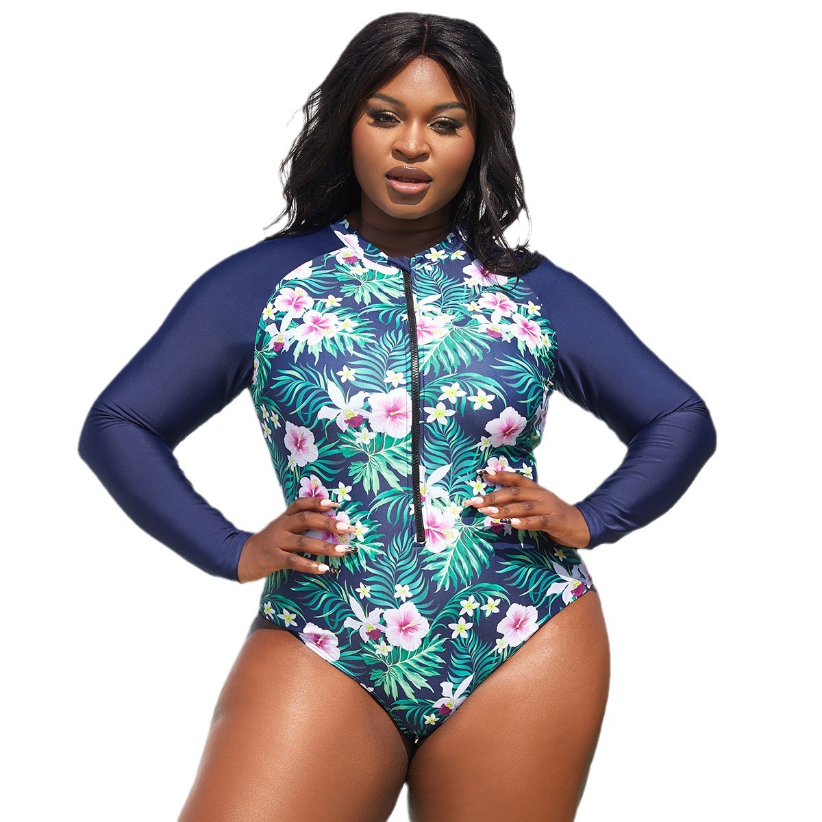 2024 nuevo engordamiento Amazon grande impresión de traje de baño de manga larga de comercio exterior de Europa y Estados Unidos ropa de surf para mujeres