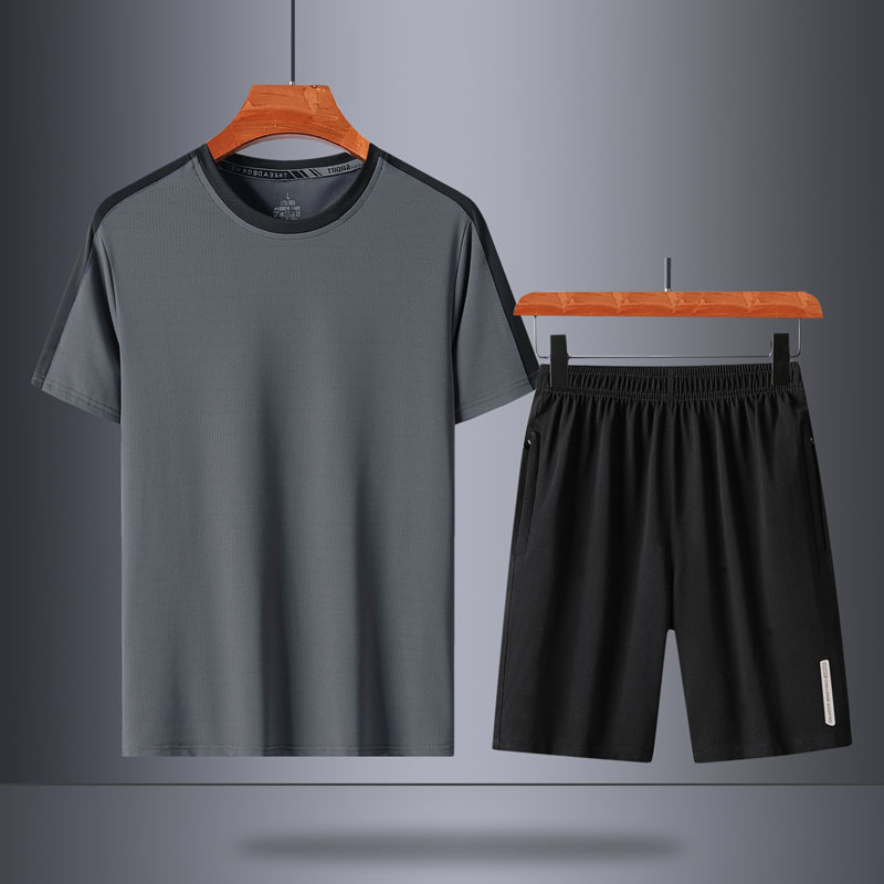 Men's Ice Silk Suit, Simple and Versatile, Summer Round Neck Slim Fit Ice Silk Short Sleeve Men's Group Uniform