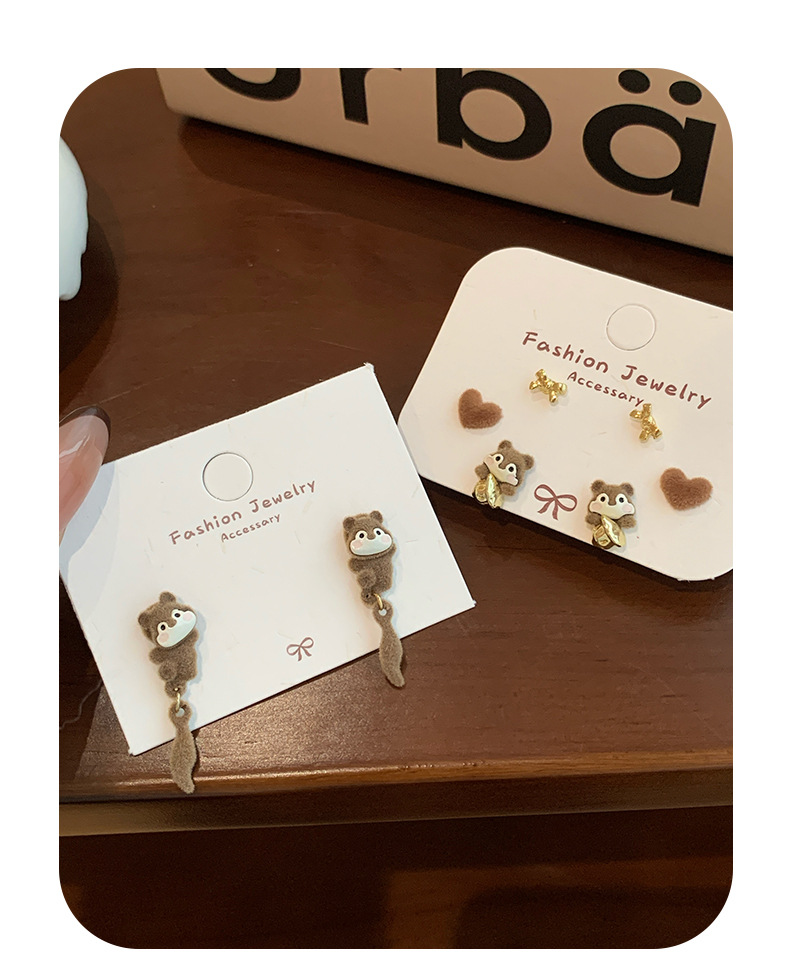 4g Weight Alloy Ear Needle Material 1 Set Cute Squirrel Flocking Drop Earrings Ear Studs