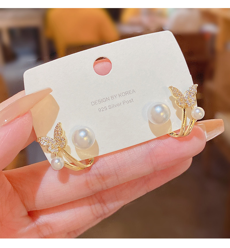 Fashion Butterfly Copper Plating Inlay Pearl Zircon Ear Studs 1 Pair