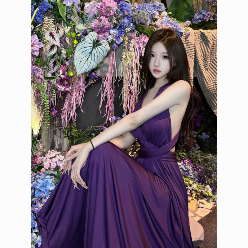 Feeling Birthday Party Skirt Elegant Socialite Long Engagement Dress Strap Backless Purple Neck dress