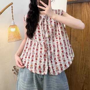 2025 New Summer Casual Versatile Fungus Collar Buttoned Printed Rain Dew Linen Sleeveless Top Shirt for Women