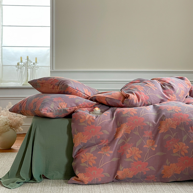 60 yarn-dyed jacquard cotton four-piece summer bed sheet quilt cover three-piece French ancient retro cotton four-piece set