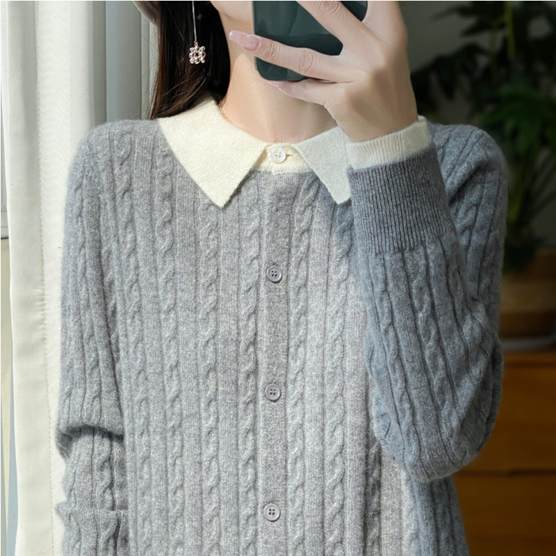 Fashion Faux Two-Piece Lapel Cardigan Women's Polo Collar Slimming Color-Block Short Jacket Top Spring and Autumn Cable Knit Sweater