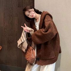 韩系慵懒风连帽外搭毛衣外套女2025秋冬新款宽松软糯羊驼针织开衫