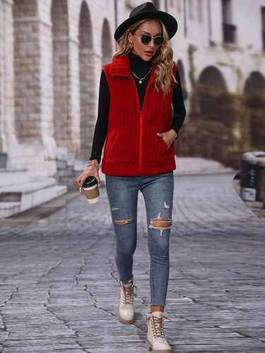 Fluffy Velvet Cross-Border European and American Style Autumn Women's Clothing Lapel Sleeveless Loose Striped Zipper Plush Casual Vest Jacket