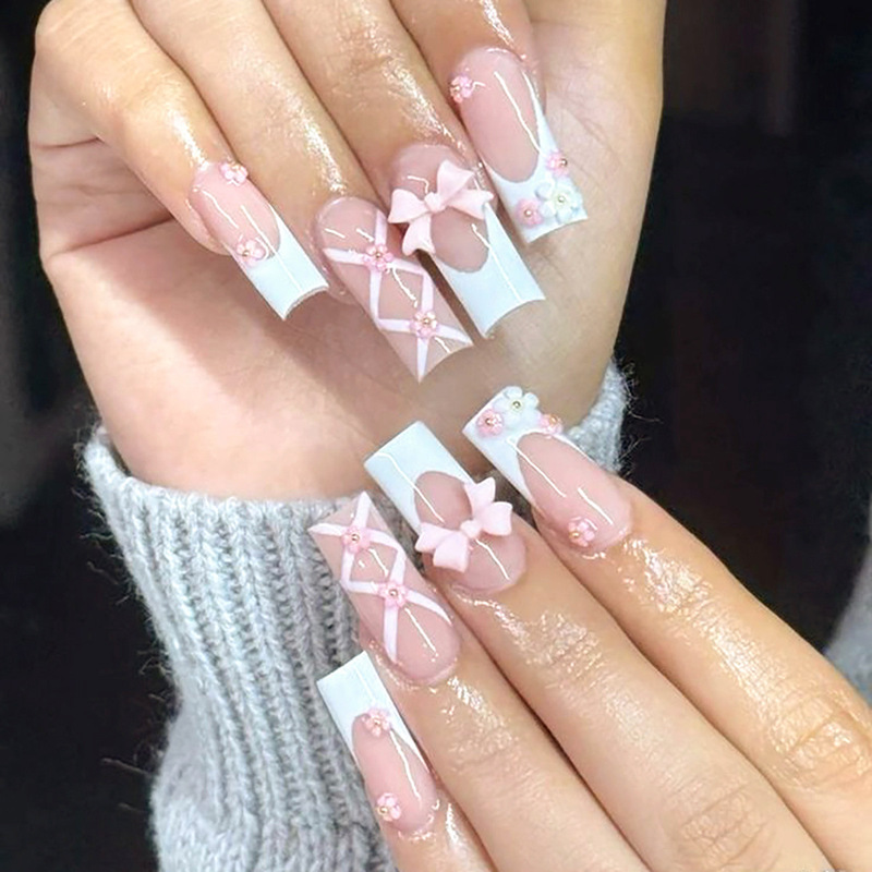 Pink Cute Nail Wearing Nail Pieces French Bow Nail Pieces Nail Pieces Cross-border Long Flower Nail Patch