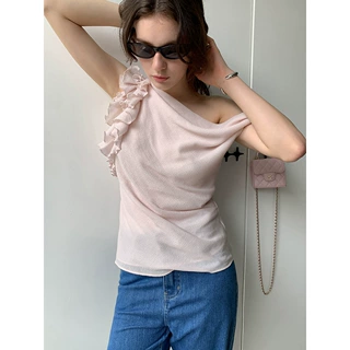 趋梦DT ETOLIE亚麻混纺肌理感荷叶边无袖上衣女夏设计感抹胸背心