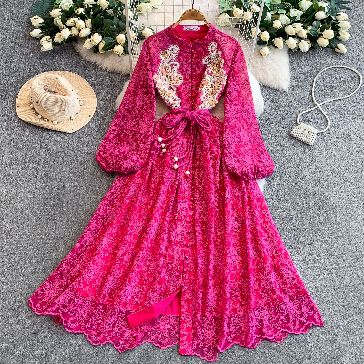 European and American Palace Style, Beautiful and Super Fairy-Like Heavy Beading Embroider Sequin Stand-Up Collar Dress for Women, Waist-Cinching Elegant Dress