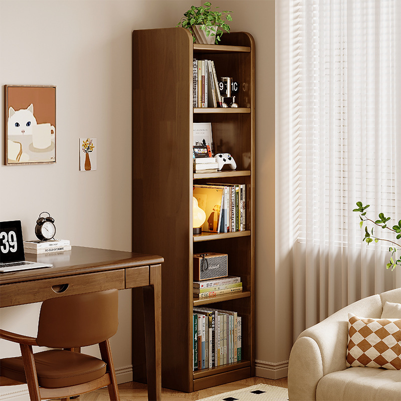Estante de madera sólida, estante de piso, estante de almacenamiento integrado contra la pared, color de nuez, costura estrecha, armario de almacenamiento, gabinete de biblioteca doméstico