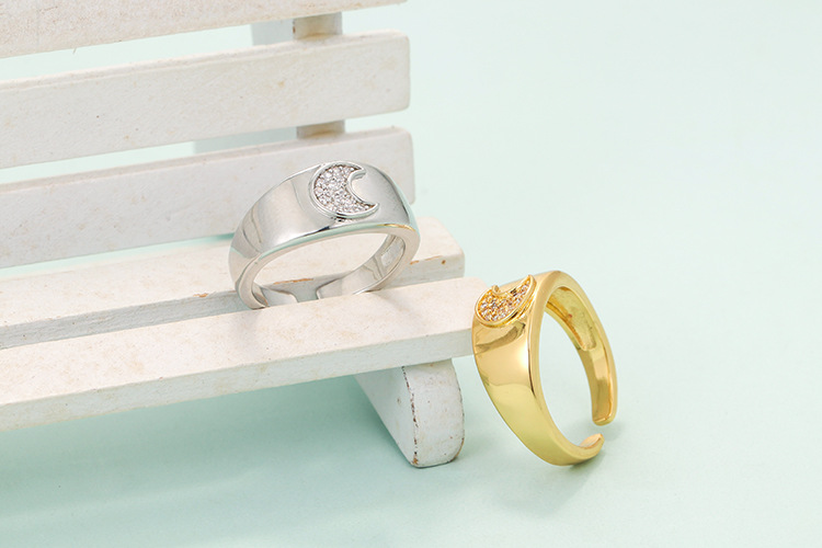 18K Real Gold Plated, Platinum Plated Plating Material Zircon Inlay Material Fashion Simple Crescent Micro-set Zircon Opening Adjustable Copper Ring