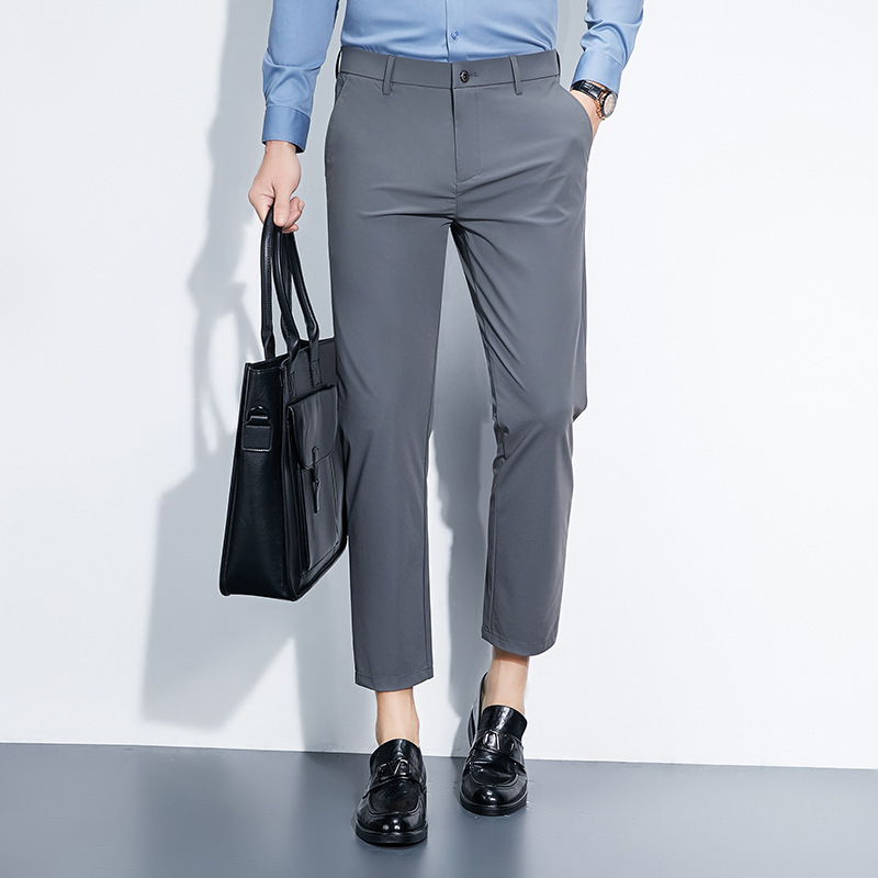 2026 Summer New Men's High-Elastic Ice Silk Cropped Pants with Drape Effect, Wrinkle-Free Nylon Slim-Fit Casual Dress Pants for Men