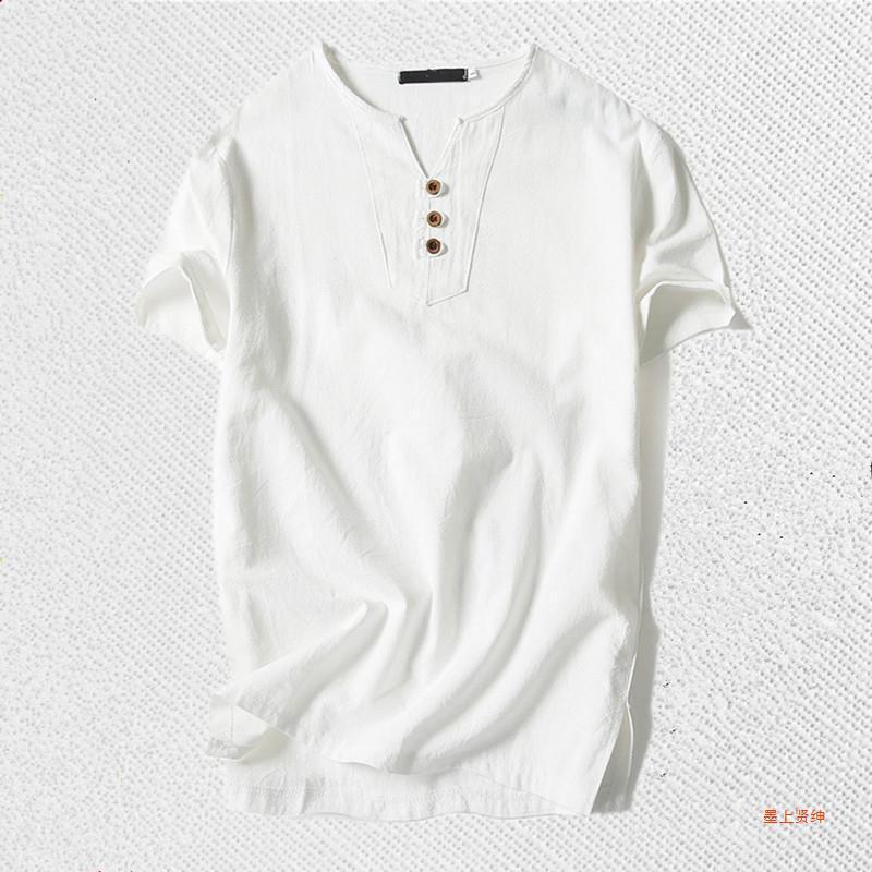 Linen Short-sleeved Men's Pullover T-shirt Summer V-neck Chinese Style Cotton Linen plus size Men's Short-sleeved Men's T-shirt Base Shirt Trendy