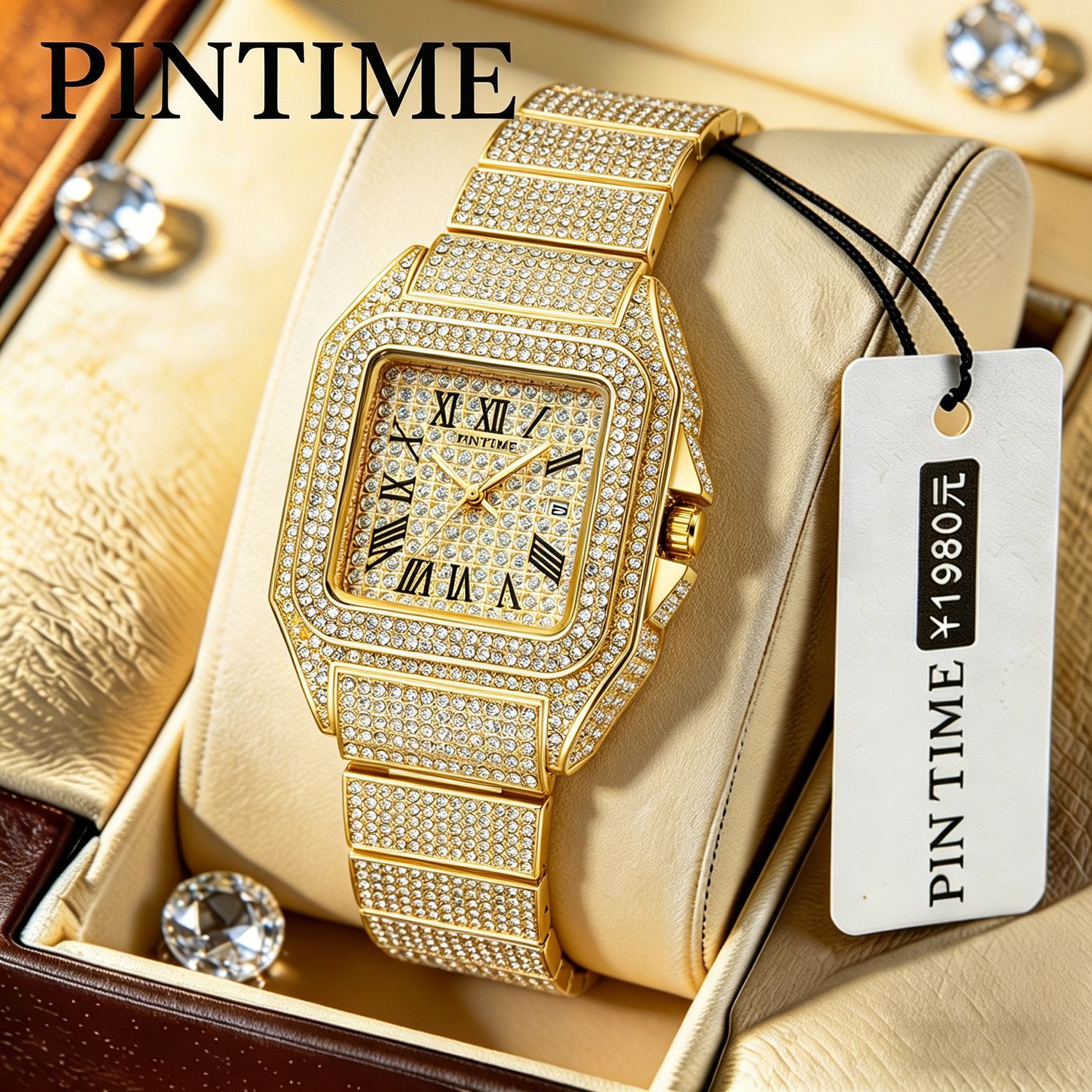 Hot-selling men's watches for export, European and American hip-hop style, full diamond watch, men's quartz watch with calendar, waterproof, cross-border wholesale.