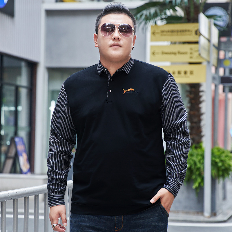 Fat Men's Plus Size Plus Size Long Sleeve Fake Two-piece T-shirt Lapel Shirt Collar T-shirt Outer Wear Sweater XXXXXL