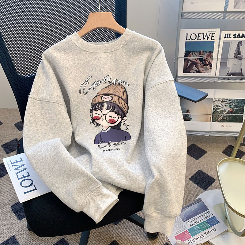 Gray Cartoon Round Neck Sweatshirt for Women Autum 2025 New Hot Style Loose Large Size Small Women's Tops Gray Cartoon Round Neck Sweatshirt for Women Autum 2025 New Hot Style Loose Large Size Small Women's Tops