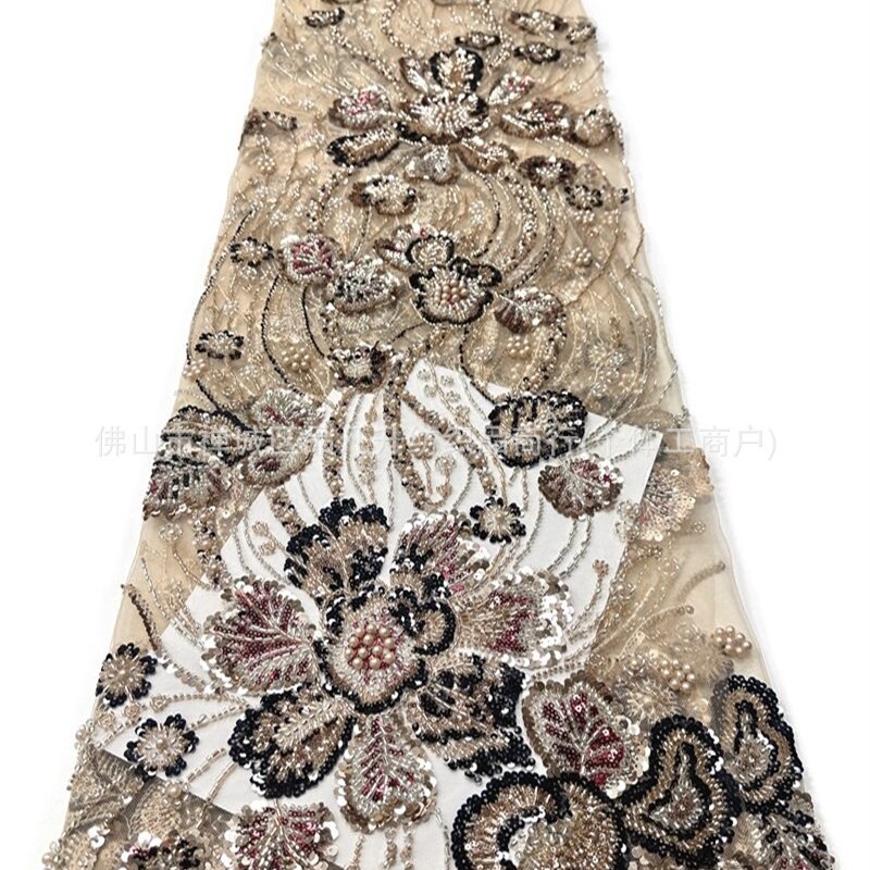 Flores tela de malla de cuentas de clavos de fabricación pesada sequinilla perla bordada cola de pescado cena brindis vestido de boda tela